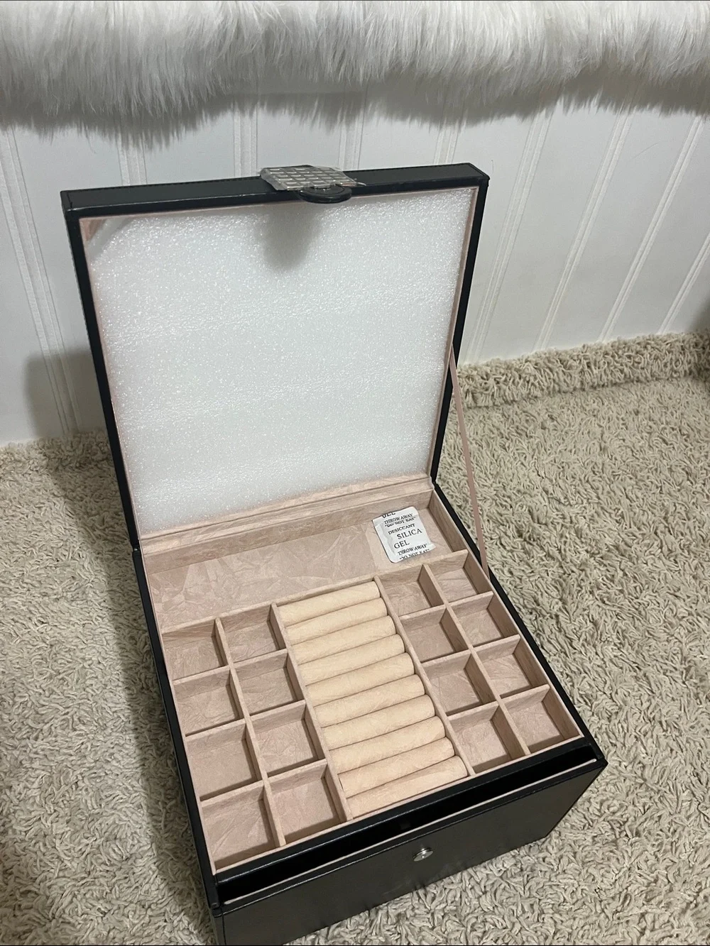 Black Jewelry Organizer Box with Beige Velvet Interior